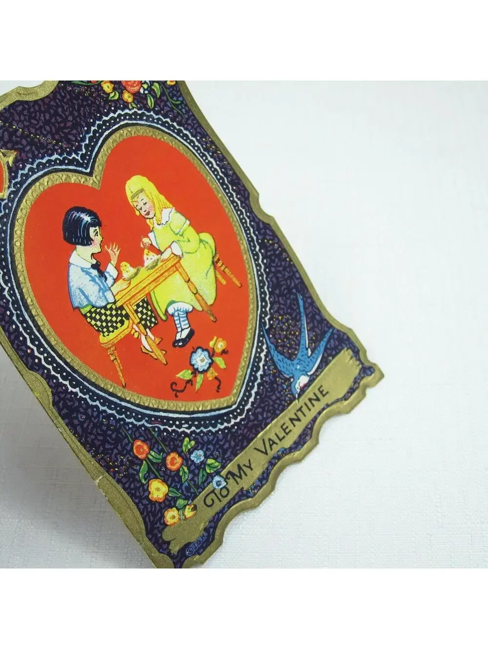 Vintage Valentine Die cut Fold Card Boy & Girl Gold Embossed 1920s-30s UNSIGNED